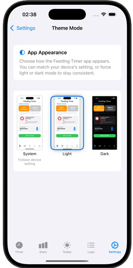 iOS Breast Feeding Timer App in light mode with clear display of breastfeeding timer and last feed information